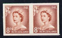 New Zealand 1955-59 QEII 8d chestnut (large numeral) IMPERF horiz pair on thin card, rare thus, as SG751