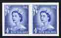 New Zealand 1955-59 QEII 4d blue (large numeral) IMPERF horiz pair on thin card, rare thus, as SG749