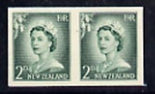 New Zealand 1955-59 QEII 2d bluish-green (large numeral) IMPERF horiz pair on thin card, rare thus, as SG747