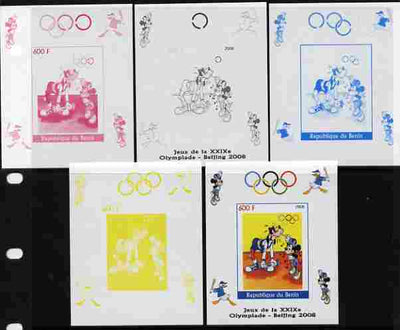 Benin 2008 Beijing Olympics - Disney Characters - Weight Lifting individual deluxe sheet - the set of 5 imperf progressive proofs comprising the 4 individual colours plus all 4-colour composite, unmounted mint
