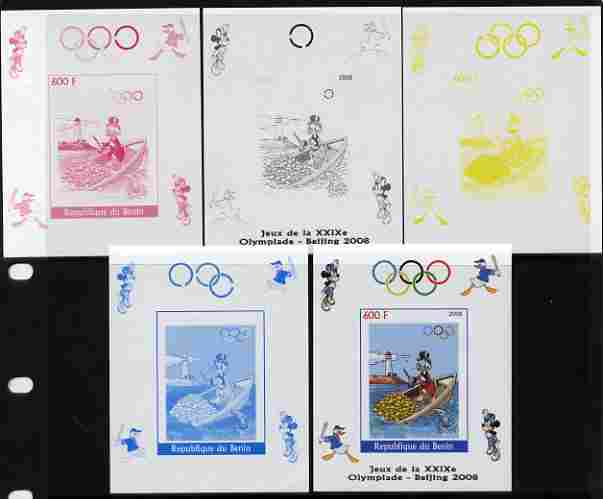 Benin 2008 Beijing Olympics - Disney Characters - Rowing, Gold Coins & Lighthouse individual deluxe sheet - the set of 5 imperf progressive proofs comprising the 4 individual colours plus all 4-colour composite, unmounted mint