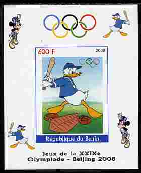 Benin 2008 Beijing Olympics - Disney Characters - Baseball imperf individual deluxe sheet unmounted mint. Note this item is privately produced and is offered purely on its thematic appeal