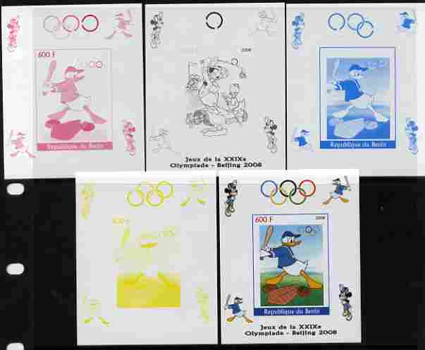Benin 2008 Beijing Olympics - Disney Characters - Baseball individual deluxe sheet - the set of 5 imperf progressive proofs comprising the 4 individual colours plus all 4-colour composite, unmounted mint