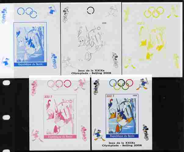Benin 2008 Beijing Olympics - Disney Characters - Mountaineering individual deluxe sheet - the set of 5 imperf progressive proofs comprising the 4 individual colours plus all 4-colour composite, unmounted mint