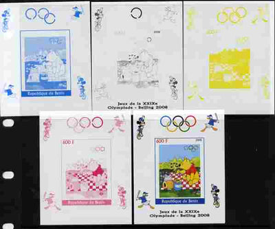 Benin 2008 Beijing Olympics - Disney Characters - Pooh Bear individual deluxe sheet - the set of 5 imperf progressive proofs comprising the 4 individual colours plus all 4-colour composite, unmounted mint