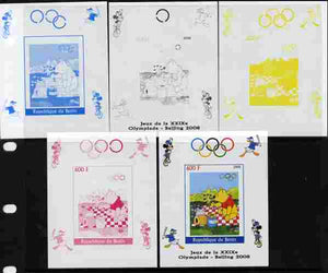 Benin 2008 Beijing Olympics - Disney Characters - Pooh Bear individual deluxe sheet - the set of 5 imperf progressive proofs comprising the 4 individual colours plus all 4-colour composite, unmounted mint