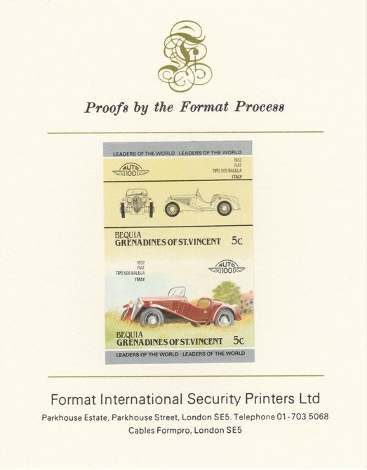 St Vincent - Bequia 1984 Cars #2 (Leaders of the World) 5c (1932 Fiat Balilla) imperf se-tenant pair mounted on Format International proof card