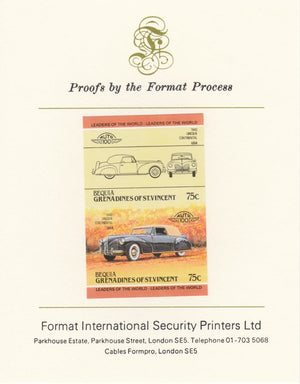 St Vincent - Bequia 1984 Cars #2 (Leaders of the World) 75c (1940 Lincoln Continental) imperf se-tenant pair mounted on Format International proof card