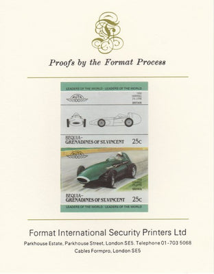 St Vincent - Bequia 1985 Cars #3 (Leaders of the World) 25c (1958 Vanwall 2.5 Litre) imperf se-tenant pair mounted on Format International proof card