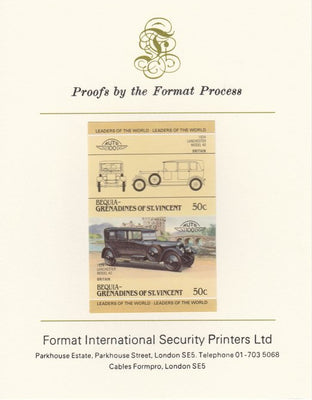 St Vincent - Bequia 1985 Cars #3 (Leaders of the World) 50c (1924 Lanchester) imperf se-tenant pair mounted on Format International proof card