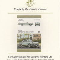 St Vincent - Bequia 1986 Cars #6 (Leaders of the World) $1 (1957 Pontiac Bonneville) imperf se-tenant pair mounted on Format International proof card