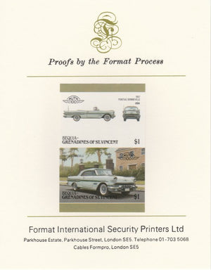 St Vincent - Bequia 1986 Cars #6 (Leaders of the World) $1 (1957 Pontiac Bonneville) imperf se-tenant pair mounted on Format International proof card