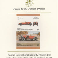 St Vincent - Bequia 1986 Cars #6 (Leaders of the World) $3 (1927 Stutz Black Hawk) imperf se-tenant pair mounted on Format International proof card