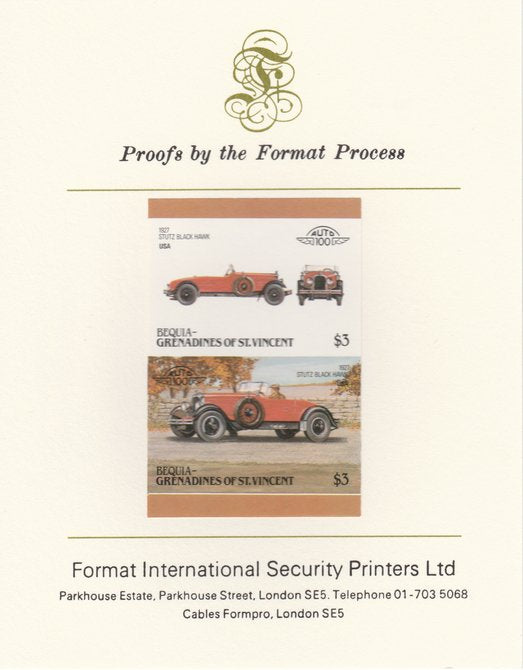 St Vincent - Bequia 1986 Cars #6 (Leaders of the World) $3 (1927 Stutz Black Hawk) imperf se-tenant pair mounted on Format International proof card