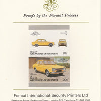 St Vincent - Bequia 1986 Cars #6 (Leaders of the World) 20c (1968 Ford Escort) imperf se-tenant pair mounted on Format International proof card