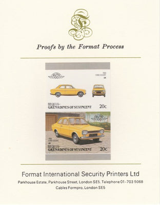 St Vincent - Bequia 1986 Cars #6 (Leaders of the World) 20c (1968 Ford Escort) imperf se-tenant pair mounted on Format International proof card