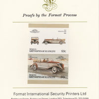 St Vincent - Bequia 1986 Cars #6 (Leaders of the World) 60c (1935 Brewster Ford) imperf se-tenant pair mounted on Format International proof card
