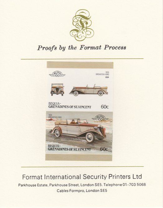 St Vincent - Bequia 1986 Cars #6 (Leaders of the World) 60c (1935 Brewster Ford) imperf se-tenant pair mounted on Format International proof card