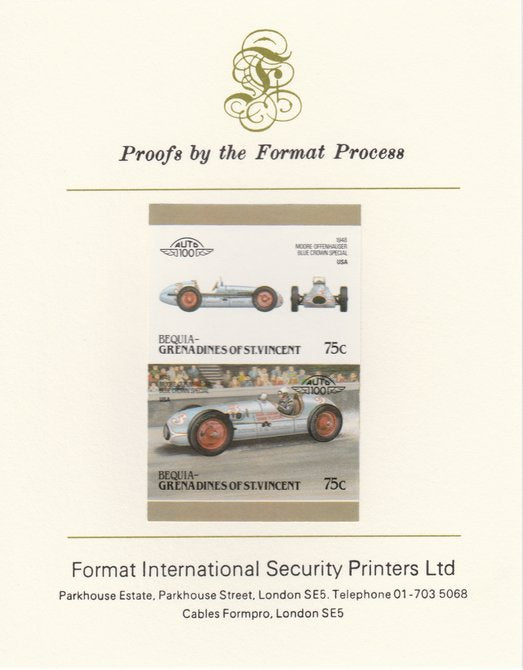 St Vincent - Bequia 1986 Cars #6 (Leaders of the World) 75c (1948 Moore-Offenhauser Special) imperf se-tenant pair mounted on Format International proof card