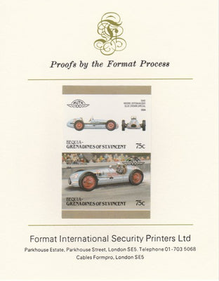St Vincent - Bequia 1986 Cars #6 (Leaders of the World) 75c (1948 Moore-Offenhauser Special) imperf se-tenant pair mounted on Format International proof card