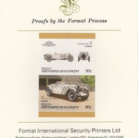St Vincent - Bequia 1986 Cars #6 (Leaders of the World) 90c (1928 Mercedes Benz) imperf se-tenant pair mounted on Format International proof card