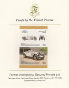 St Vincent - Bequia 1986 Cars #6 (Leaders of the World) 90c (1928 Mercedes Benz) imperf se-tenant pair mounted on Format International proof card