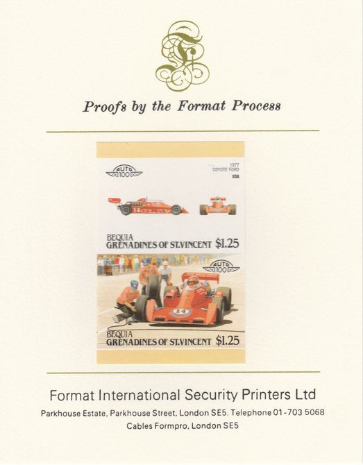 St Vincent - Bequia 1987 Cars #7 (Leaders of the World) $1.25 (1977 Coyote Ford) imperf se-tenant pair mounted on Format International proof card