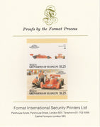 St Vincent - Bequia 1987 Cars #7 (Leaders of the World) $1.25 (1977 Coyote Ford) imperf se-tenant pair mounted on Format International proof card