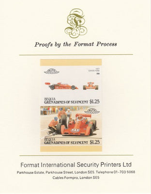 St Vincent - Bequia 1987 Cars #7 (Leaders of the World) $1.25 (1977 Coyote Ford) imperf se-tenant pair mounted on Format International proof card