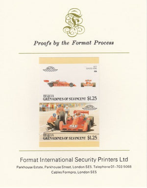 St Vincent - Bequia 1987 Cars #7 (Leaders of the World) $1.25 (1977 Coyote Ford) imperf se-tenant pair mounted on Format International proof card