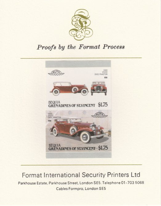 St Vincent - Bequia 1987 Cars #7 (Leaders of the World) $1.75 (1933 Stutz DV32 Phaeton) imperf se-tenant pair mounted on Format International proof card