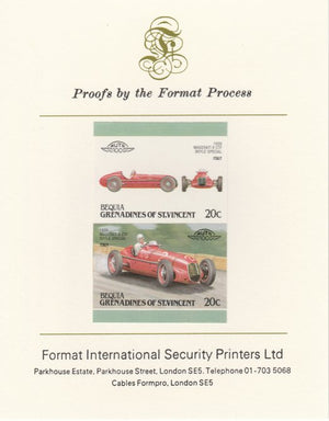 St Vincent - Bequia 1987 Cars #7 (Leaders of the World) 20c (1939 Maserati,8 CTF) imperf se-tenant pair mounted on Format International proof card