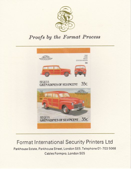 St Vincent - Bequia 1987 Cars #7 (Leaders of the World) 35c (1948 Ford Station Wagon) imperf se-tenant pair mounted on Format International proof card