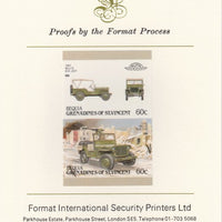 St Vincent - Bequia 1987 Cars #7 (Leaders of the World) 60c (1942 Willys MB Jeep) imperf se-tenant pair mounted on Format International proof card