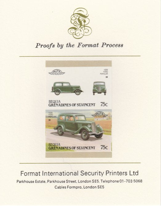 St Vincent - Bequia 1987 Cars #7 (Leaders of the World) 75c (1936 Ford Popular) imperf se-tenant pair mounted on Format International proof card