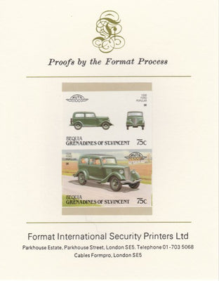 St Vincent - Bequia 1987 Cars #7 (Leaders of the World) 75c (1936 Ford Popular) imperf se-tenant pair mounted on Format International proof card