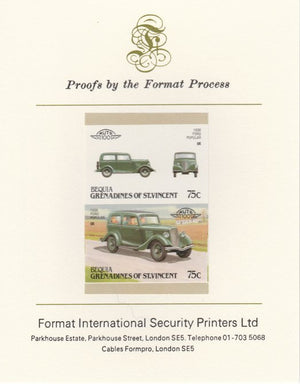 St Vincent - Bequia 1987 Cars #7 (Leaders of the World) 75c (1936 Ford Popular) imperf se-tenant pair mounted on Format International proof card