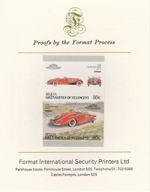 St Vincent - Bequia 1987 Cars #7 (Leaders of the World) 80c (1936 Mercedes Benz) imperf se-tenant pair mounted on Format International proof card