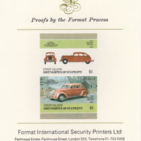St Vincent - Union Island 1986 Cars #4 (Leaders of the World) $1 (1934 Chrysler) imperf se-tenant pair mounted on Format International proof card