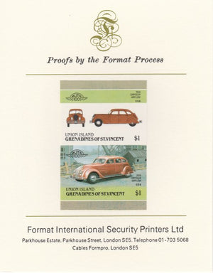 St Vincent - Union Island 1986 Cars #4 (Leaders of the World) $1 (1934 Chrysler) imperf se-tenant pair mounted on Format International proof card