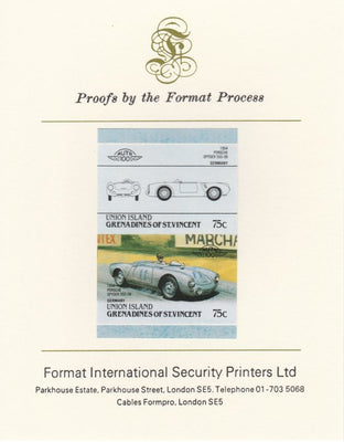 St Vincent - Union Island 1986 Cars #4 (Leaders of the World) 75c (1954 Porsche) imperf se-tenant pair mounted on Format International proof card