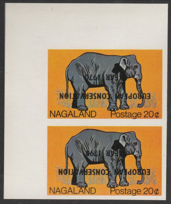 Nagaland 1970 European Conservation Year overprint INVERTED on corner pair of 20c Elephant, - one with 1790 error, unmounted mint