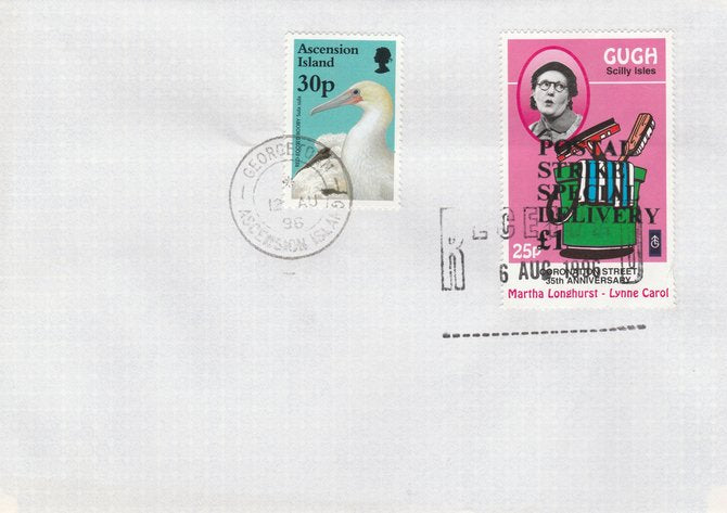Great Britain 1996 Postal Strike cover to Ascension bearing Gugh 25p (Great Britain local) opt'd 'Postal Strike Special Delivery £1' cancelled 6 Aug plus Ascension 25p Red-footed Booby cancelled 12 Aug