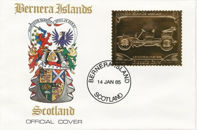 Bernera 1985 Classic Cars - 1902 Mercedes £12 value perforated & embossed in 22 carat gold foil on special cover with first day cancel