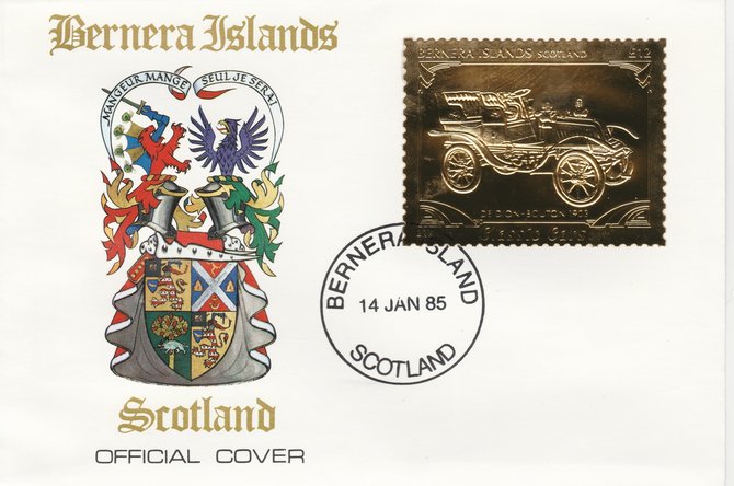 Bernera 1985 Classic Cars - 1903 De Dion Bouton £12 value perforated & embossed in 22 carat gold foil on special cover with first day cancel