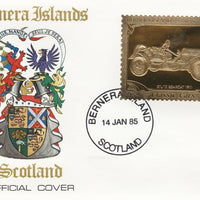 Bernera 1985 Classic Cars - 1911 Stutz Bearcat £12 value perforated & embossed in 22 carat gold foil on special cover with first day cancel
