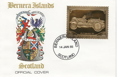 Bernera 1985 Classic Cars - 1911 Stutz Bearcat £12 value perforated & embossed in 22 carat gold foil on special cover with first day cancel