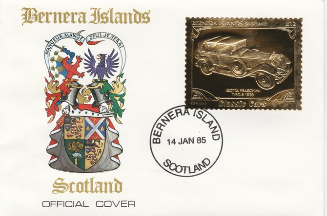 Bernera 1985 Classic Cars - 1928 Isotta Fraschini £12 value perforated & embossed in 22 carat gold foil on special cover with first day cancel