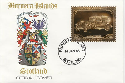 Bernera 1985 Classic Cars - 1930 Cadillac V12 £12 value perforated & embossed in 22 carat gold foil on special cover with first day cancel