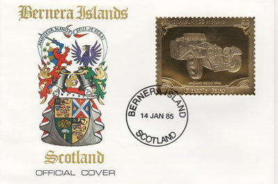 Bernera 1985 Classic Cars - 1936 Jaguar SS £12 value perforated & embossed in 22 carat gold foil on special cover with first day cancel